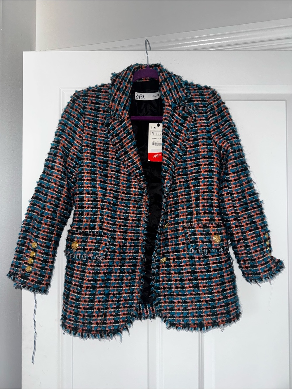 Zara Tweed Blazer Jacket in Pink and Teal Check